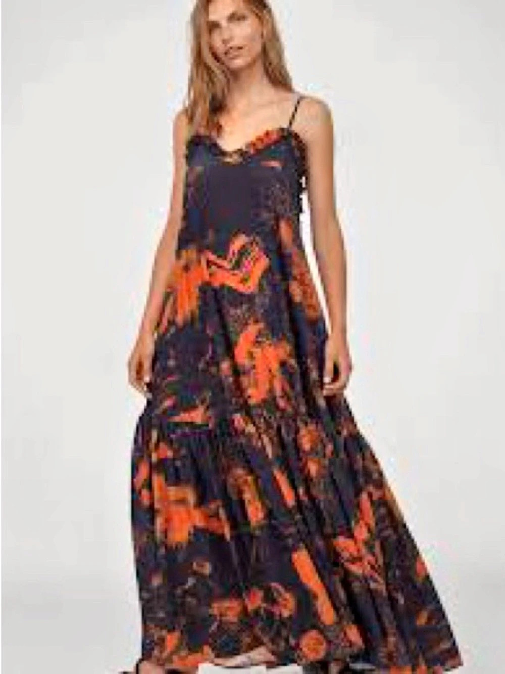 H&M Navy Orange Abstract Print Ruffle Maxi Dress Size L